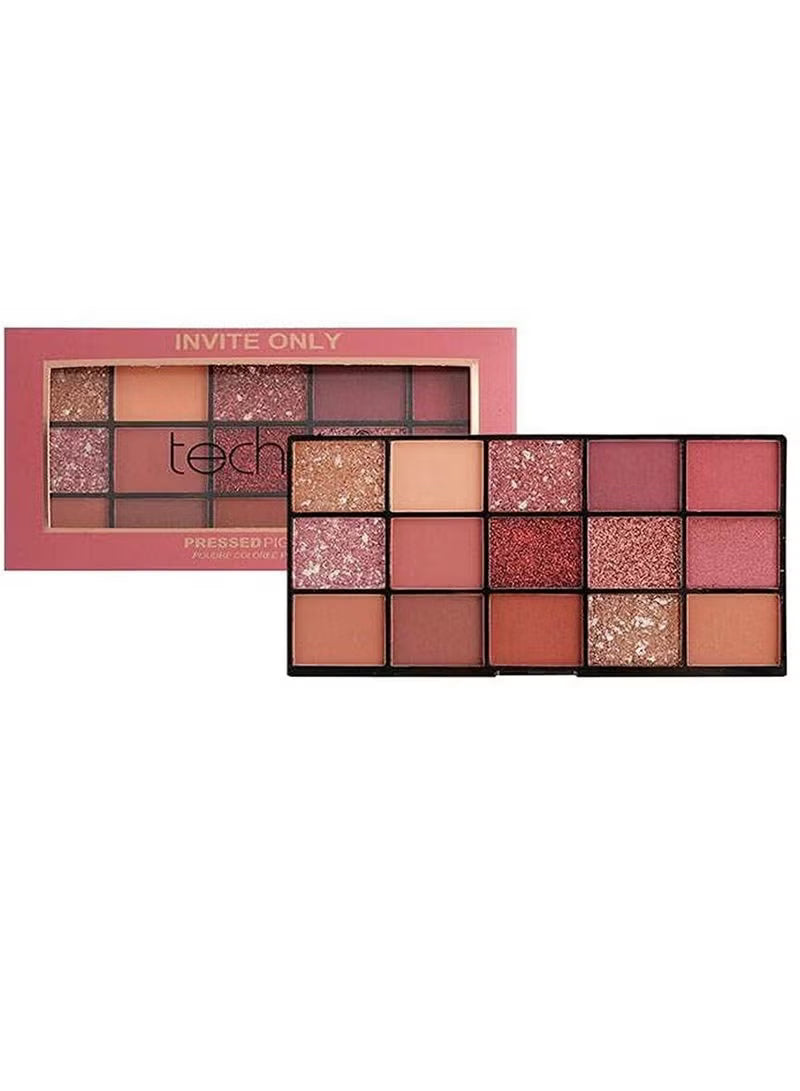 Tech Pressed 'Invite Only' eyeshadow palette shown open, displaying 16 warm-toned matte and shimmer shades in pink, bronze, terracotta, and rose gold, with the pink outer case visible behind it on a white background.