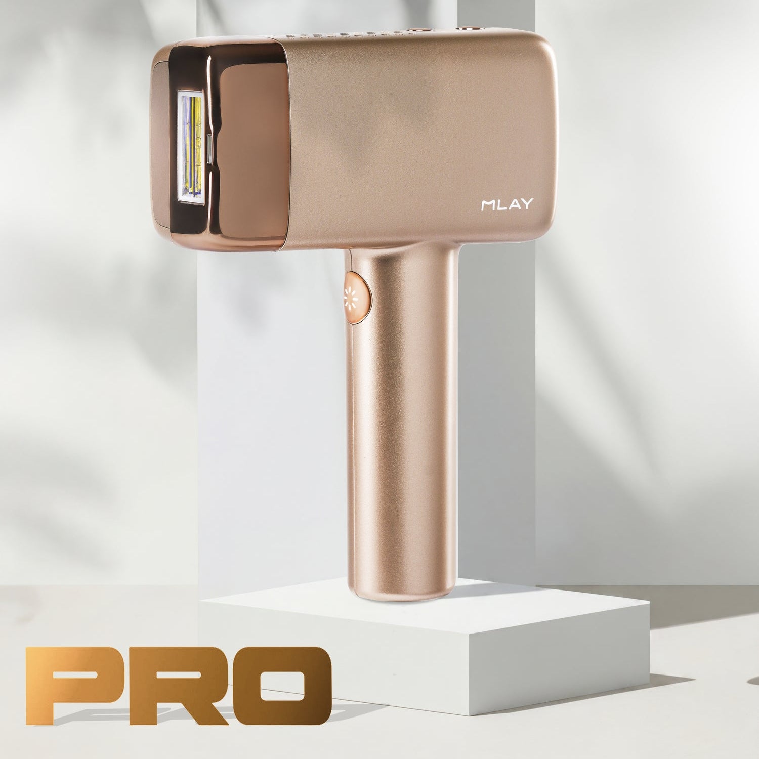 Rose gold laser device on a white background with 'MLAY' branding