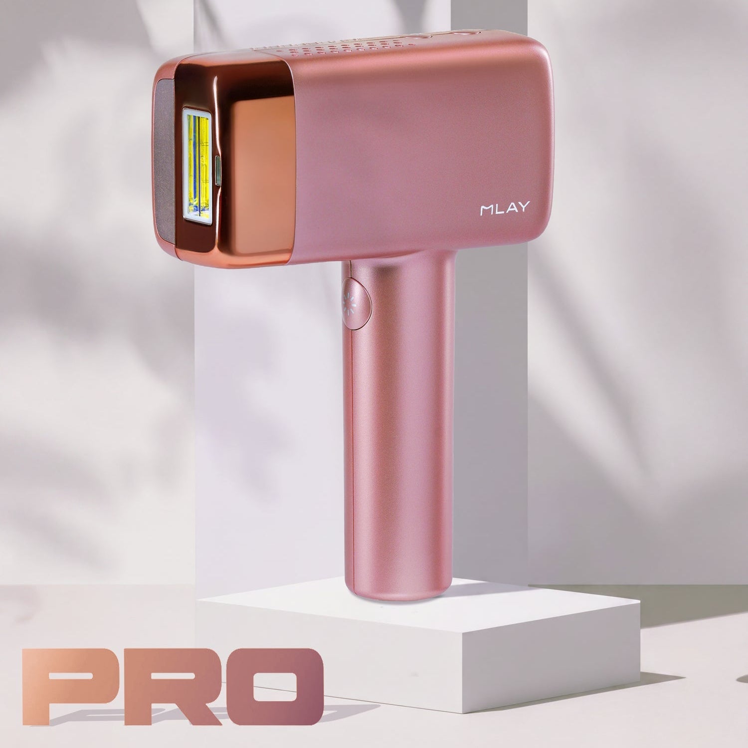 Pink handheld device with MLAY branding on a white background