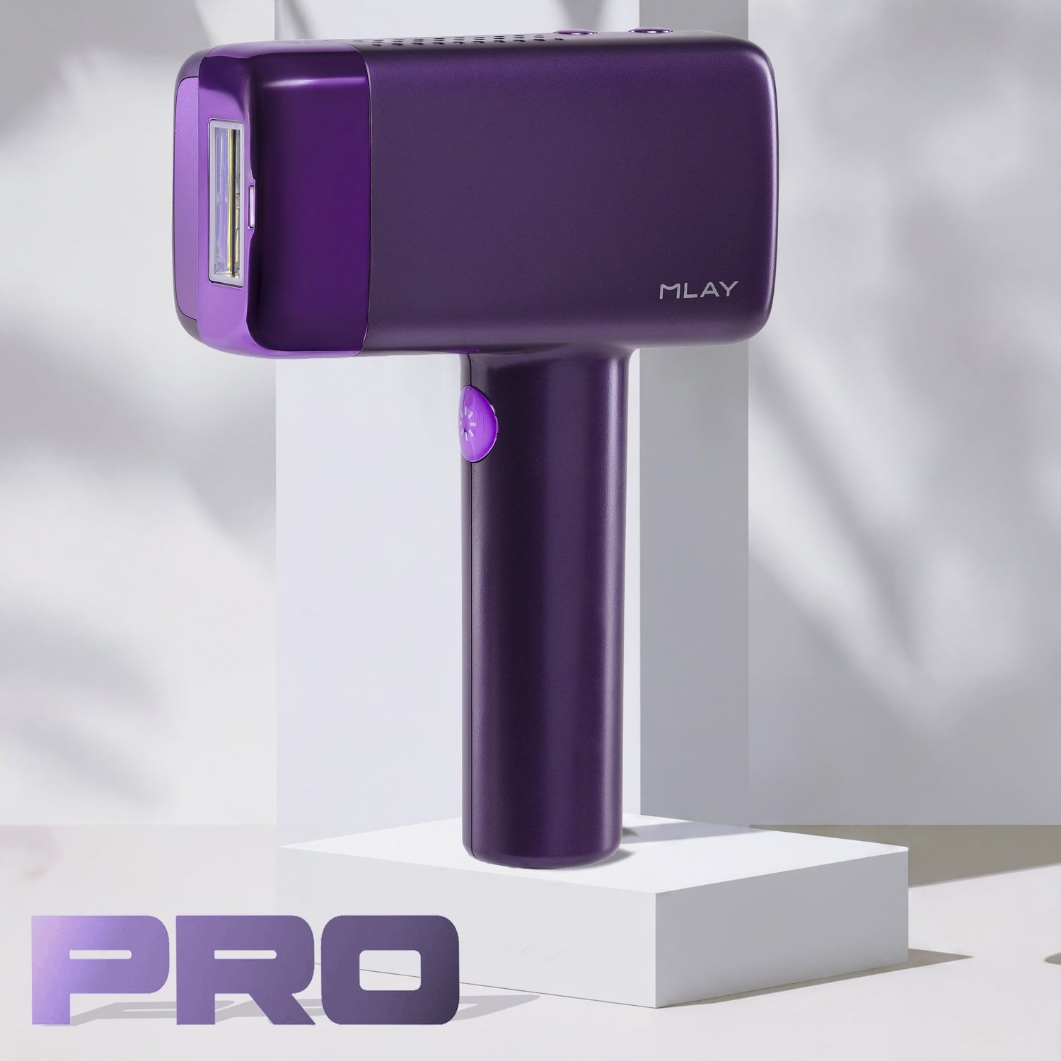 Purple handheld device with 'MLAY' branding on a white background