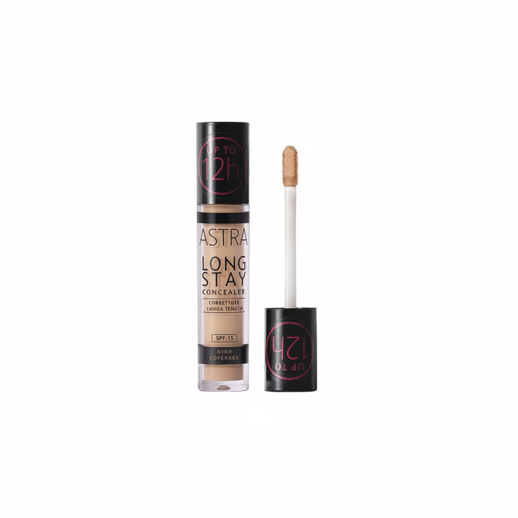 Astra long stay concealer with applicator and color swatch on a white background