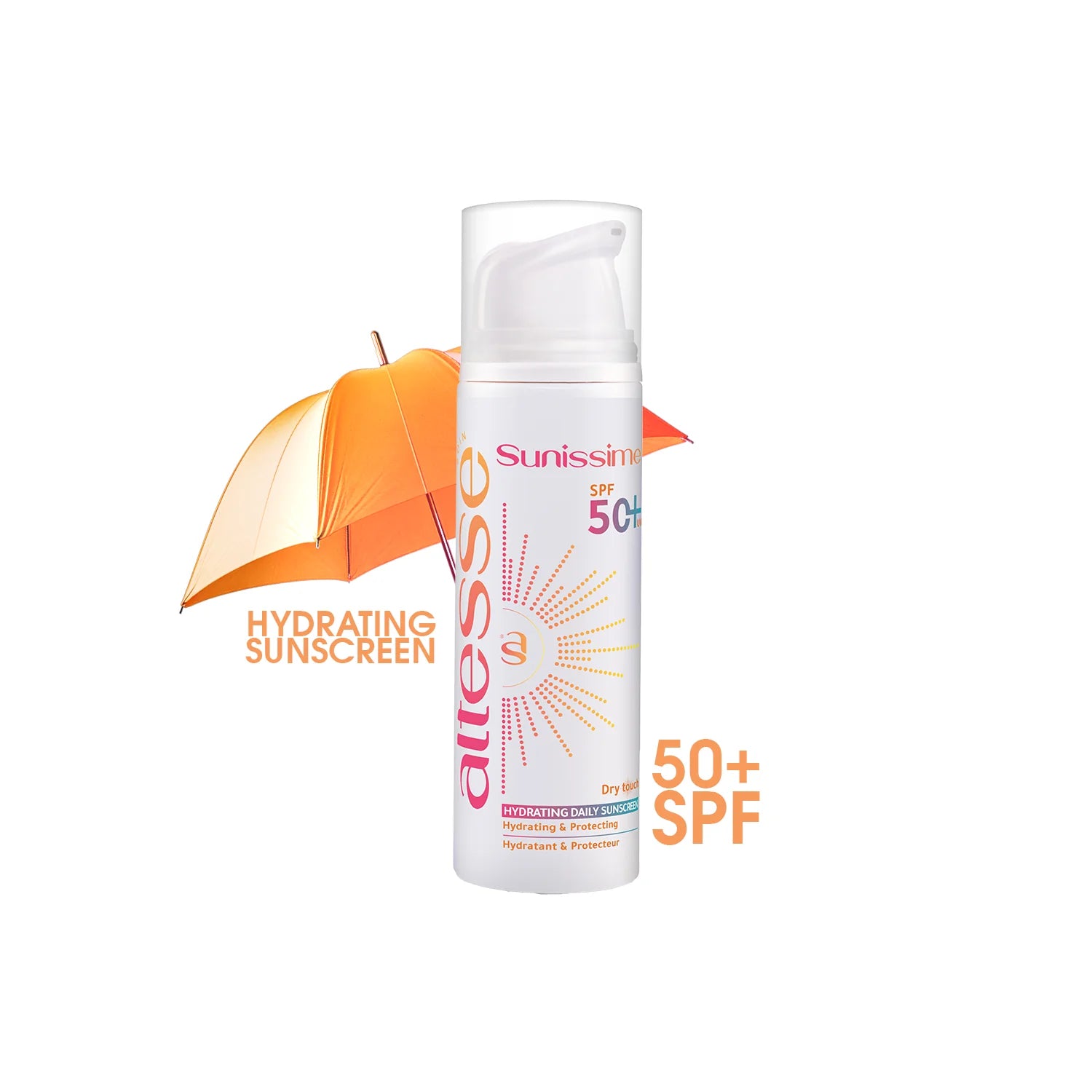 Sunscreen bottle with SPF 50+ and an orange umbrella on a white background